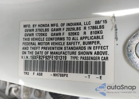 2015 Honda Civic Ex-L из США, поврежденный, VIN 19XFB2F92FE101319